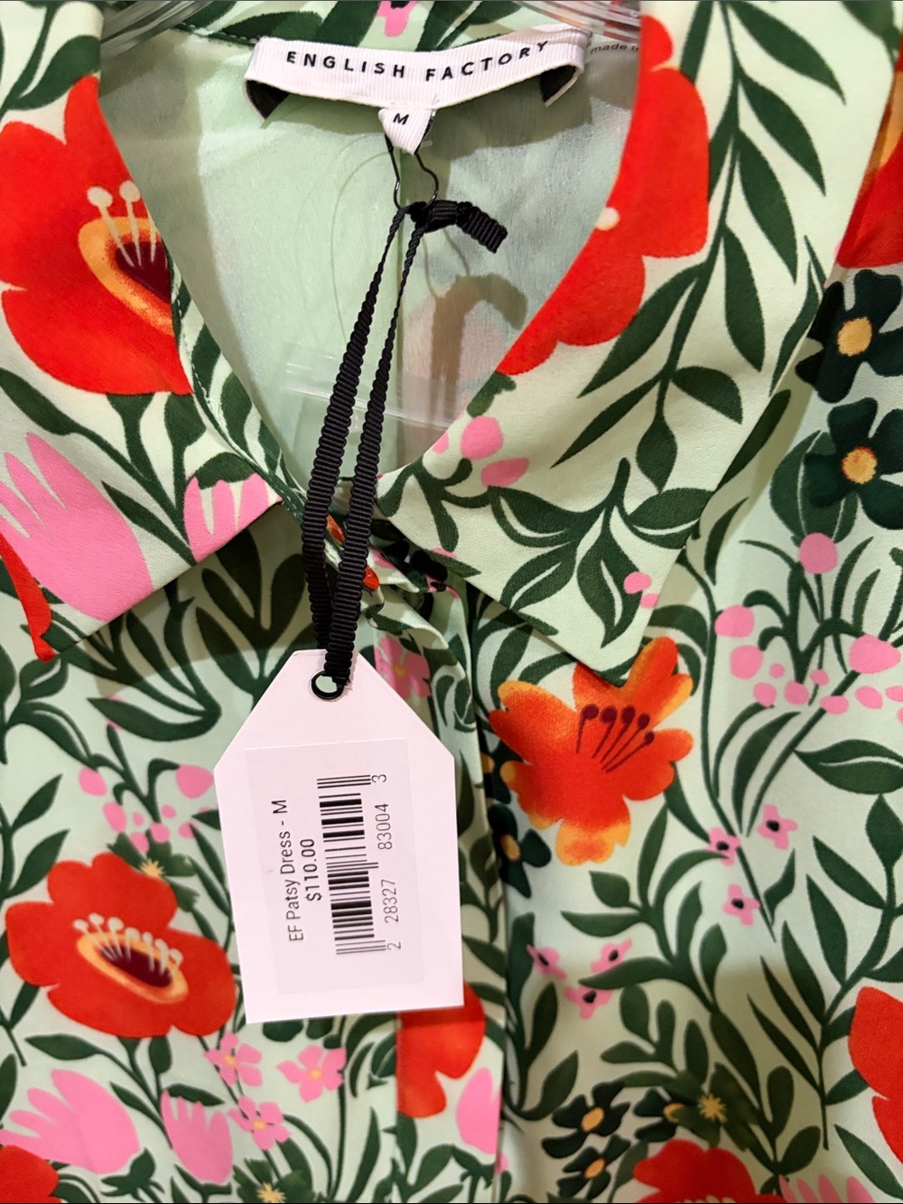 English Factory Button-Front Dress iMint Green with Red & Pink Blooms. NWT - Picture 2 of 4